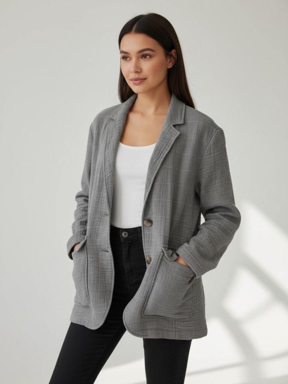 Madewell Gray Windowpane Plaid Linen Blend Blazer Jacket Button Pocket Size S - Picture 1 of 9